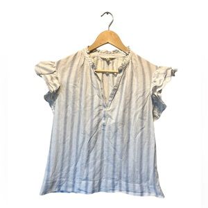 REBECCA TAYLOR striped blue and white flutter sleeve button up blouse top